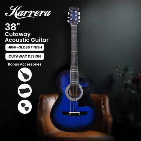 Blue cutaway acoustic guitar, supplied with a carry bag.