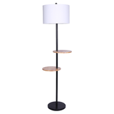 Sarantino Metal Floor Lamp Shade with Black Post in Round Wood Shelves.