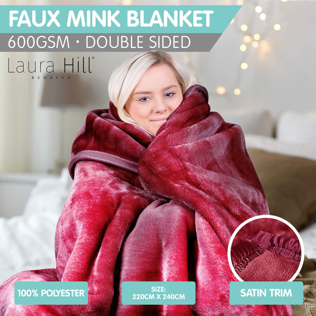 Laura Hill Mink Blanket Double Sided Queen Size Soft Plush Bed Faux Throw Rug 220 X 240cm