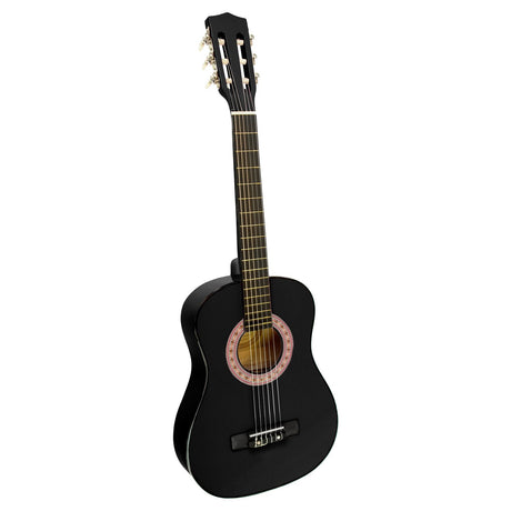 Black wooden guitar, supplied with a carry bag.