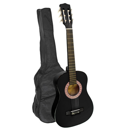 Black wooden guitar, supplied with a carry bag.