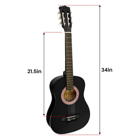 Black wooden guitar, supplied with a carry bag.