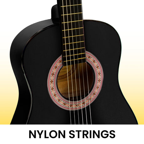 Black wooden guitar, supplied with a carry bag.