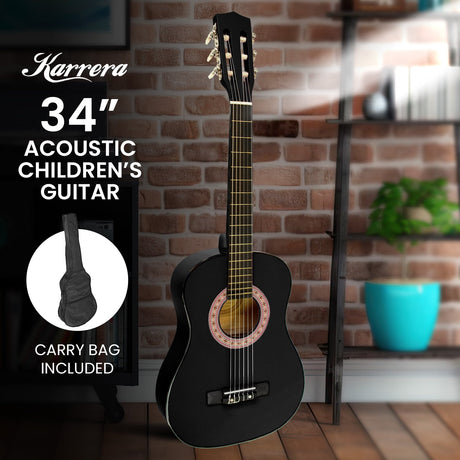 Black wooden guitar, supplied with a carry bag.