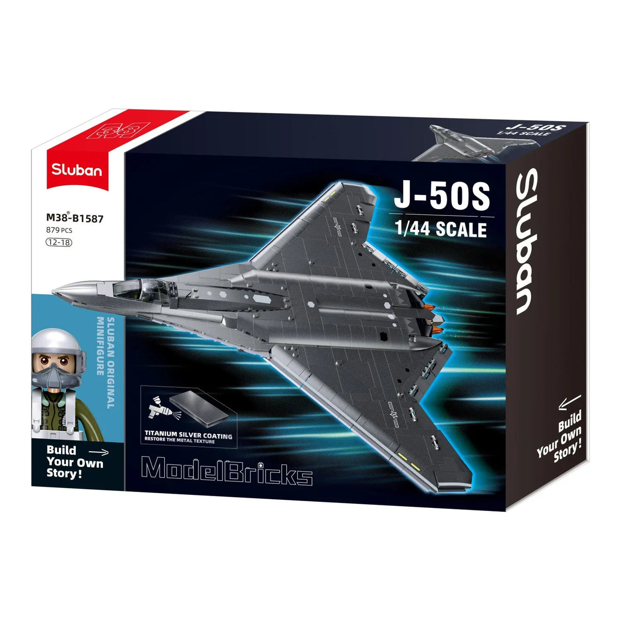 Sluban B1587 Model Kit 1:44 J50 Stealth Fighter Jet Plane - Military Air Force Building Blocks DIY Set Toy