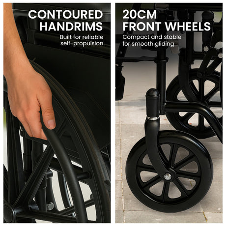 Black steel foldable mobility, lightweight.