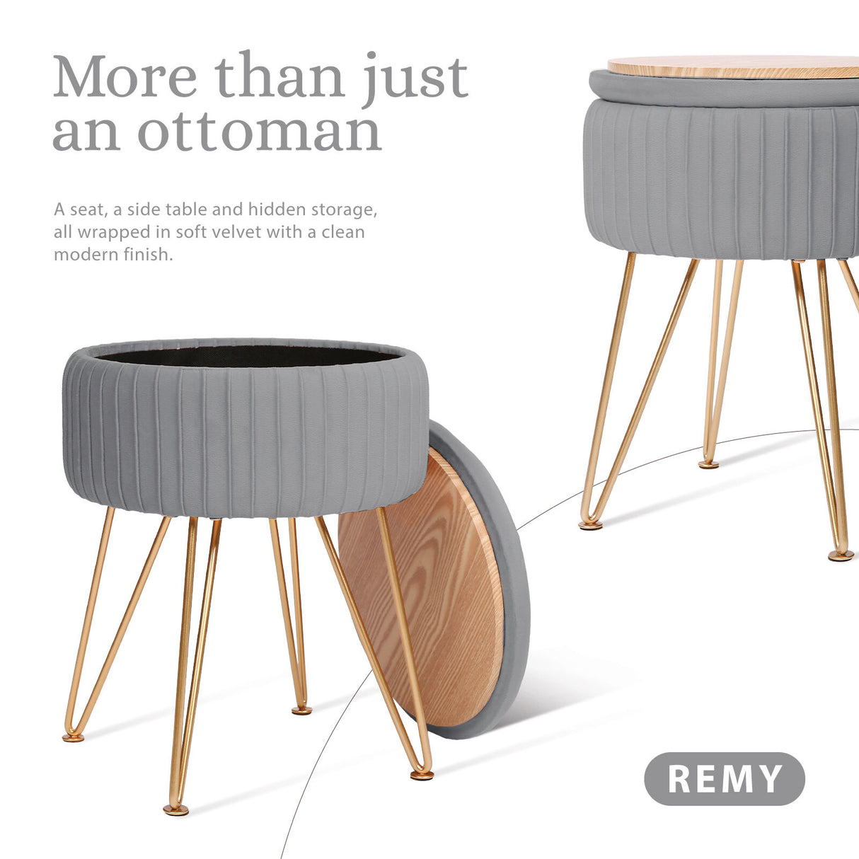 Side Table Storage Ottoman - Velvet Padded Stool Vanity Footstool REMY GREY