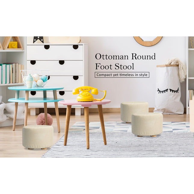 Fabric Ottoman Round Wooden Leg Foot Stool - BEIGE