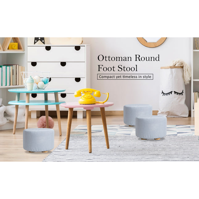 2X Fabric Ottoman Round Wooden Leg Foot Stool - LIGHT BLUE