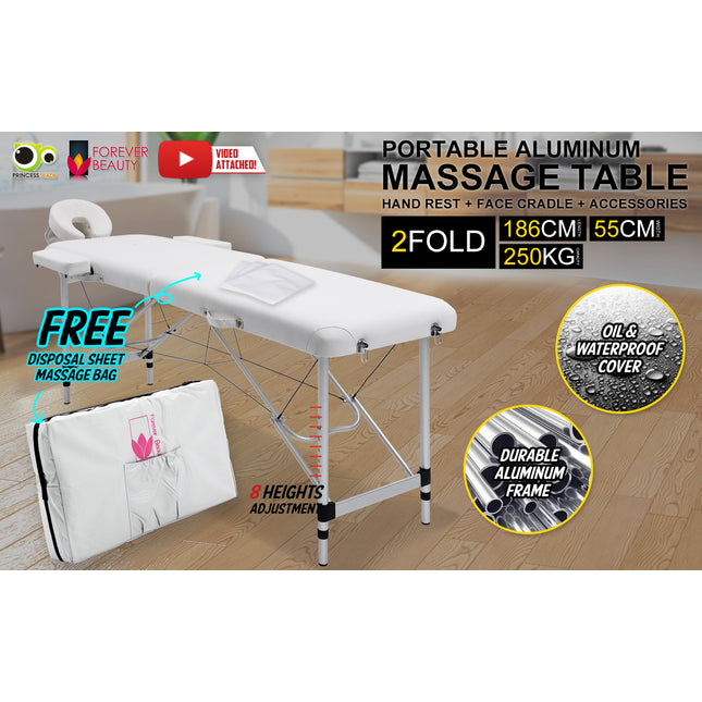 Aluminium Portable Beauty Massage Table Bed 2 Fold 55cm White