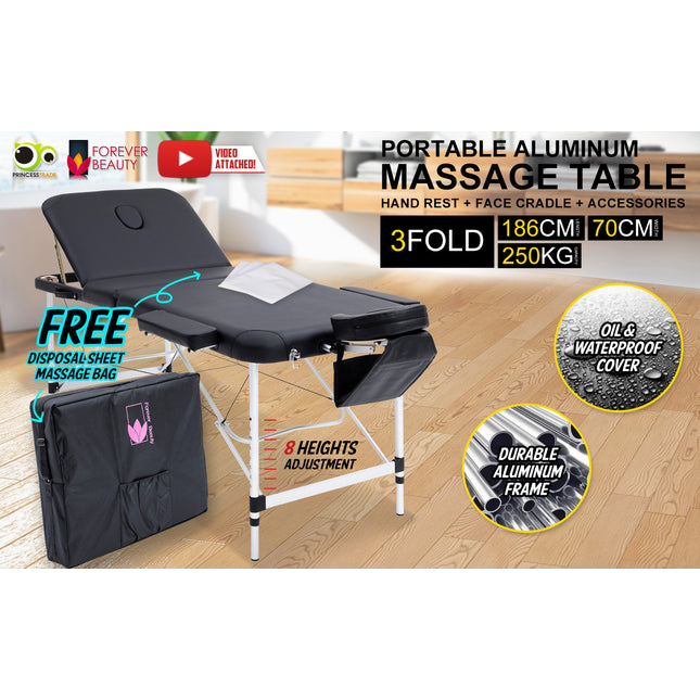 Aluminium Portable Beauty Massage Table Bed 3 Fold 70cm Black