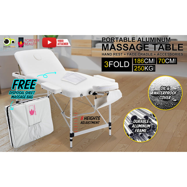 Aluminium Portable Beauty Massage Table Bed 3 Fold 70cm White