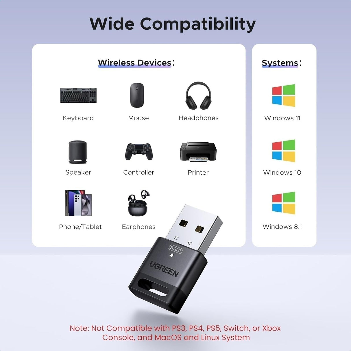 UGREEN 75073 Bluetooth 6.0 USB Dongle Adapter 20m Range, 5 Device Connection, Plug & Play for PC/Laptop