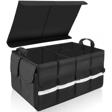 Black car trunk organiser, collapsible, waterproof, lightweight.