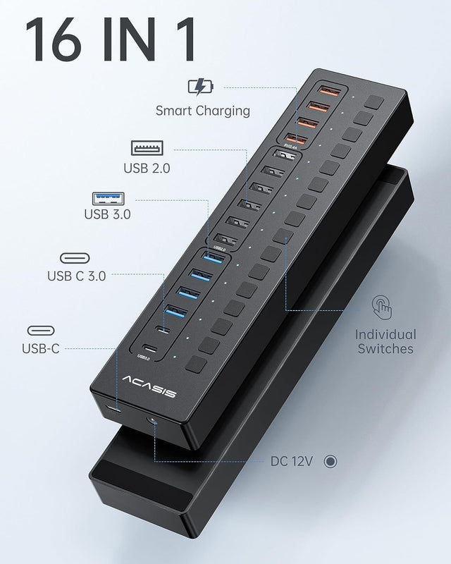 Acasis DS-516PB 16-Port USB 3.2 Gen1 5Gbps 60W + On-Off Switch 4xUSB3.2 5Gbps, 10xUSB-A2.0, 2xUSB-C. 1xDC for Power.