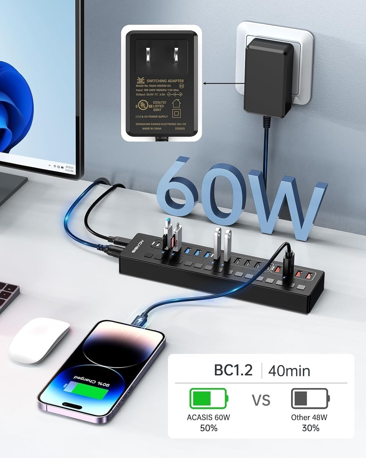 Acasis DS-516PB 16-Port USB 3.2 Gen1 5Gbps 60W + On-Off Switch 4xUSB3.2 5Gbps, 10xUSB-A2.0, 2xUSB-C. 1xDC for Power.