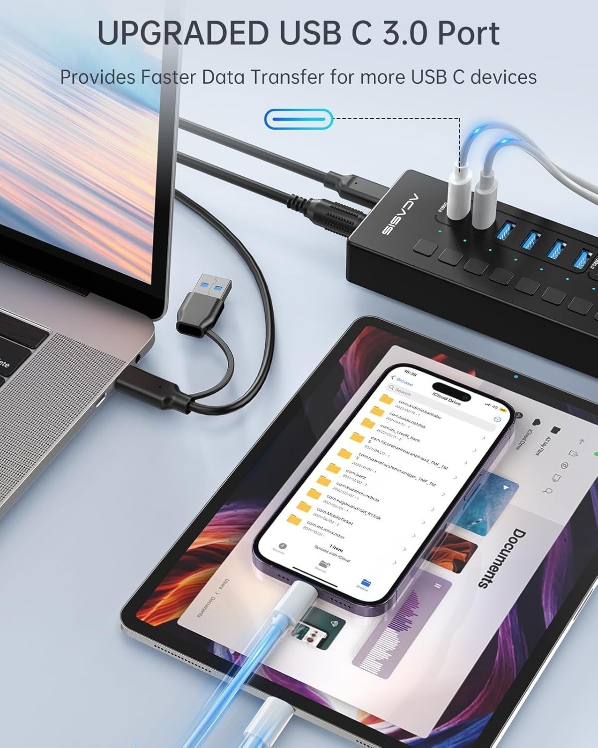 Acasis DS-516PB 16-Port USB 3.2 Gen1 5Gbps 60W + On-Off Switch 4xUSB3.2 5Gbps, 10xUSB-A2.0, 2xUSB-C. 1xDC for Power.