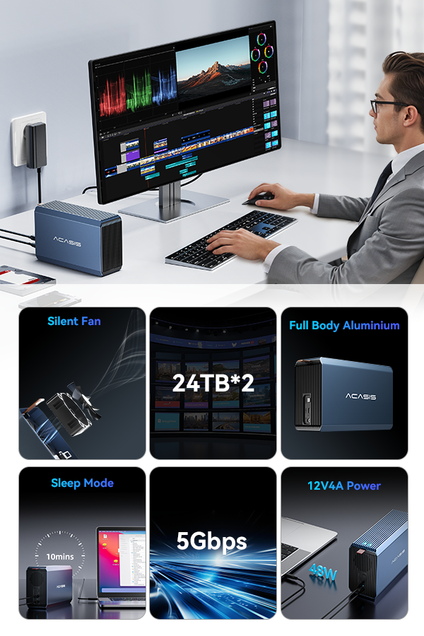 ACASIS EC-7352 Dual bays 2.5/3.5" RAID USB3.2 Gen1 5Gbps hard drive dock Max 60TB