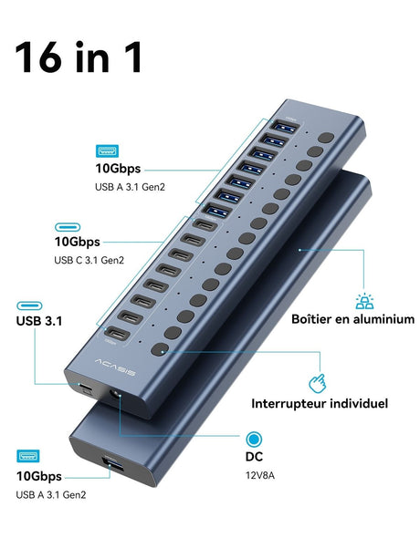 ACASIS HB16PRO 16-port USB 3.2 docking hub, 8 x USB-A + 8 x USB-C.