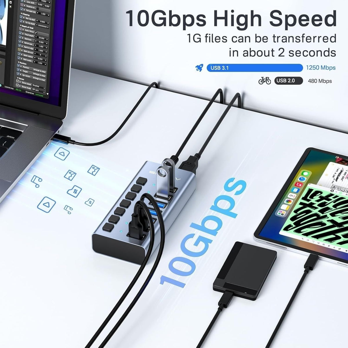 Acasis HS-707MG-10G 7-in-1 USB 3.2 Gen2 10Gbps Docking Hub w AC for PC Laptop.