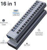 ACASIS HS-716MG USB 3.2 Gen2 10Gbps 12V/8A 16 Port USB-A + On/Off Switch with AC Power Adapter for PC & Laptop