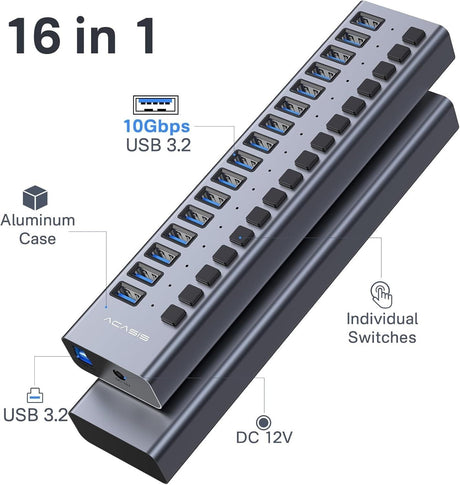 Acasis HS-716MG USB 3.2 Gen2 10Gbps 12V/8A 16 Port USB-A + On/Off Switch with AC Power Adapter for PC & Laptop.