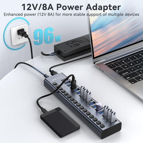 Acasis HS-716MG USB 3.2 Gen2 10Gbps 12V/8A 16 Port USB-A + On/Off Switch with AC Power Adapter for PC & Laptop.