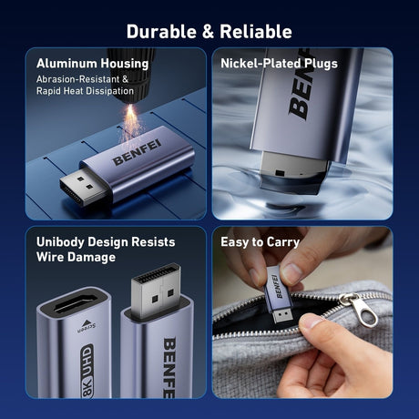 Benfei 000457GY DP Male to Hdmi Female Adapter 8K/60Hz Nickel/Nickel Aluminum Shell Dark Gray Laser Engraved.