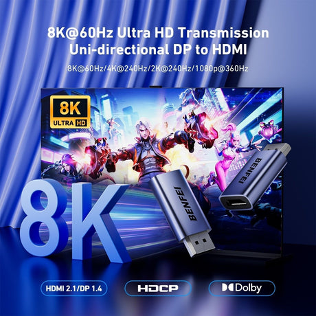 Benfei 000457GY DP Male to Hdmi Female Adapter 8K/60Hz Nickel/Nickel Aluminum Shell Dark Gray Laser Engraved.
