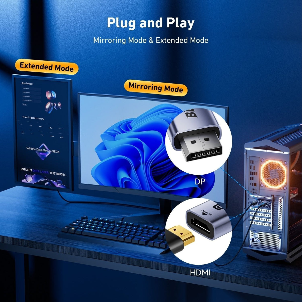 BENFEI 000457GY DP Male to HDMI Female Adapter 8K/60Hz Nickel/Nickel Aluminum Shell Dark Gray Laser Engraved