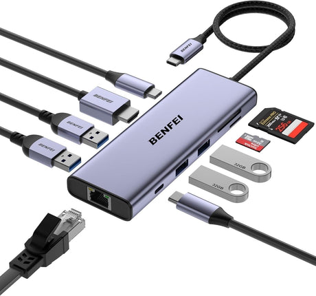 Benfei 000495GY 10-in-1 USB C Hub 4K Hdmi + RJ45 + 100W PD + USB-C + USB x 4 +TF/SD Reader.