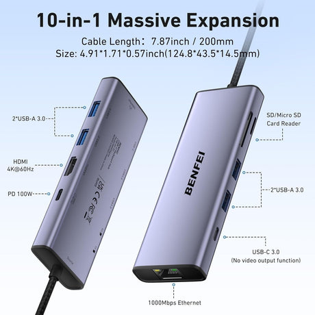 Benfei 000495GY 10-in-1 USB C Hub 4K Hdmi + RJ45 + 100W PD + USB-C + USB x 4 +TF/SD Reader.