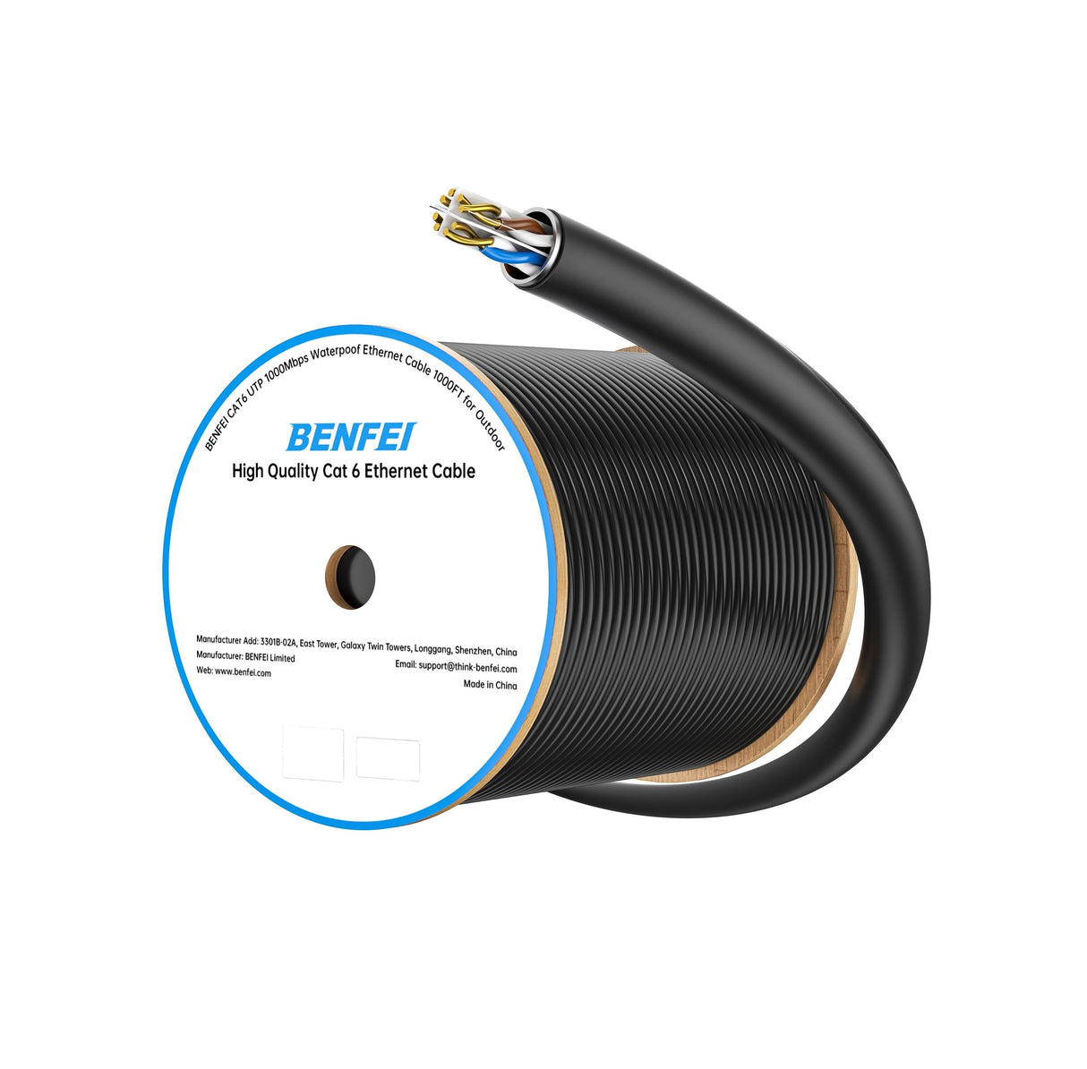 BENFEI 000704BK-305MS Pure Copper Cat 6 Cable 305M-Waterproof Black PE+PVC (Shielded) Double-Layer Jacket