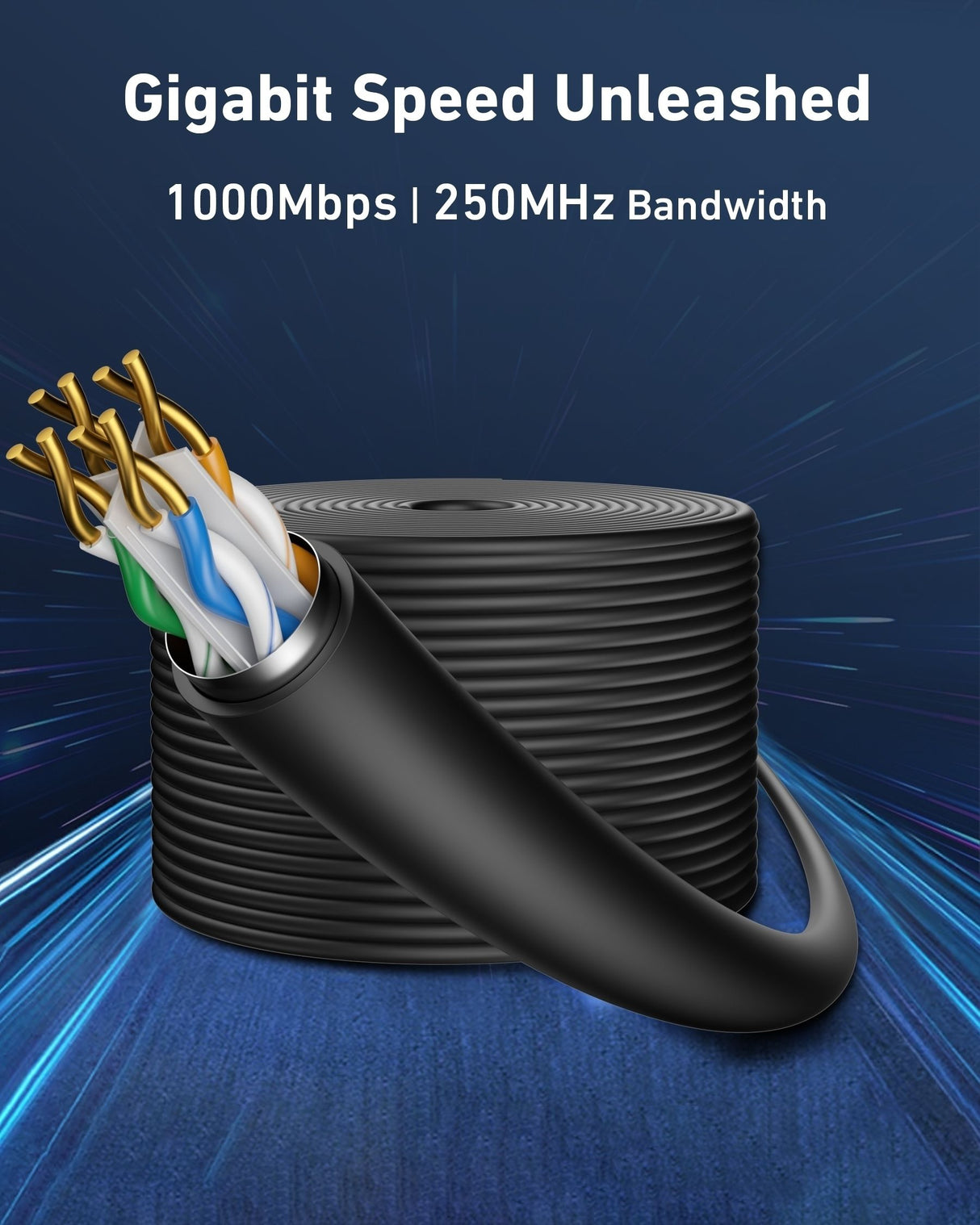BENFEI 000704BK-305MS Pure Copper Cat 6 Cable 305M-Waterproof Black PE+PVC (Shielded) Double-Layer Jacket