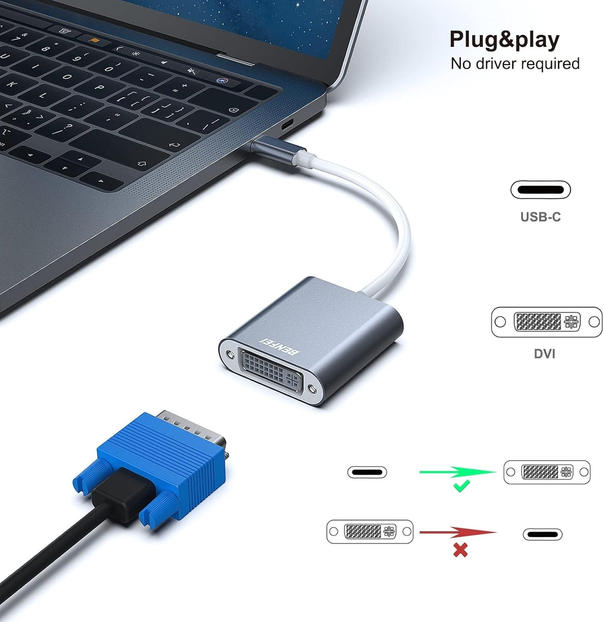 BENFEI 000164GY USB C to DVI Adapter [Thunderbolt 3/4 Compatible]