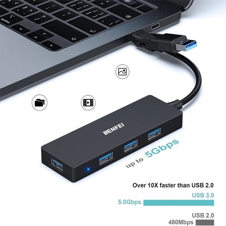Benfei 000291BK 4-Port USB 3.0 Ultra Flat Data Hub, USB C Hub with 4 Ports USB 3.0 Adapter.