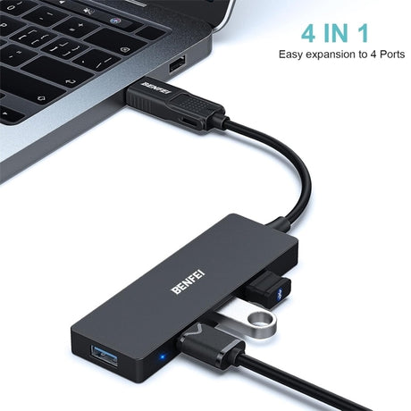 Benfei 000291BK 4-Port USB 3.0 Ultra Flat Data Hub, USB C Hub with 4 Ports USB 3.0 Adapter.