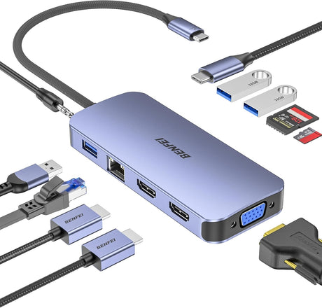Benfei 000359GY 11-in-1 USB C Hub Triple Display Docking Station Dual HDMI, VGA, 3xUSB 3.0, 10Gbps.