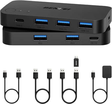 Benfei 000376BK USB 3.0 Switch, USB Switcher 2 Computers Share 3xUSB 3.0 and 1xUSB C with Remote.