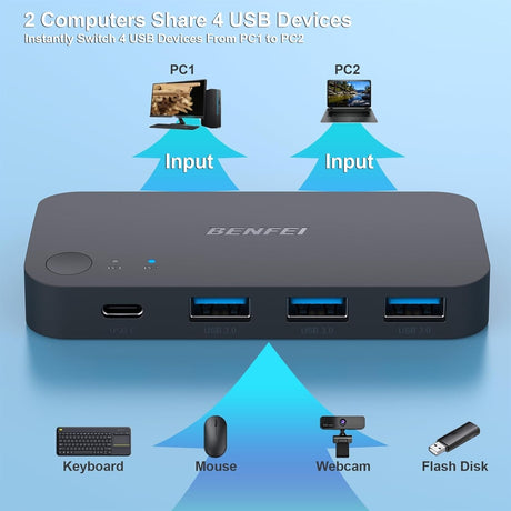 Benfei 000376BK USB 3.0 Switch, USB Switcher 2 Computers Share 3xUSB 3.0 and 1xUSB C with Remote.