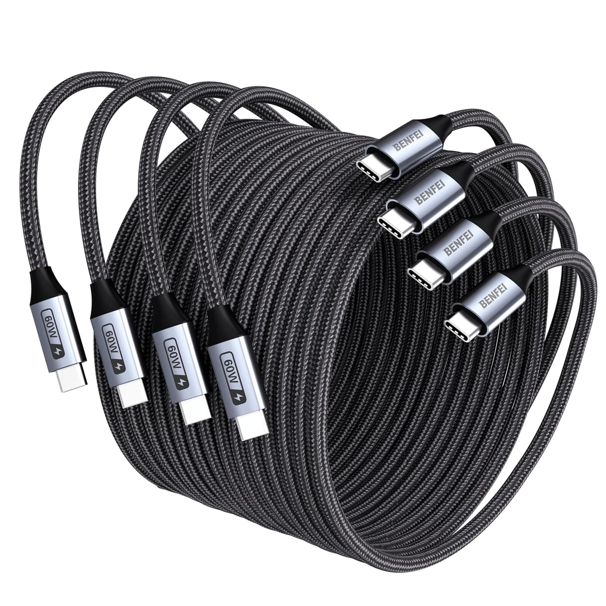 BENFEI 000382GY-4P USB C Fast Charging 60W Cable, 4-Pack(3.3ft/1M x 2 + /6.6ft/2M x 2) Nylon Braided Cable for I-phone 15/16/17 and Samsung / Google phone.