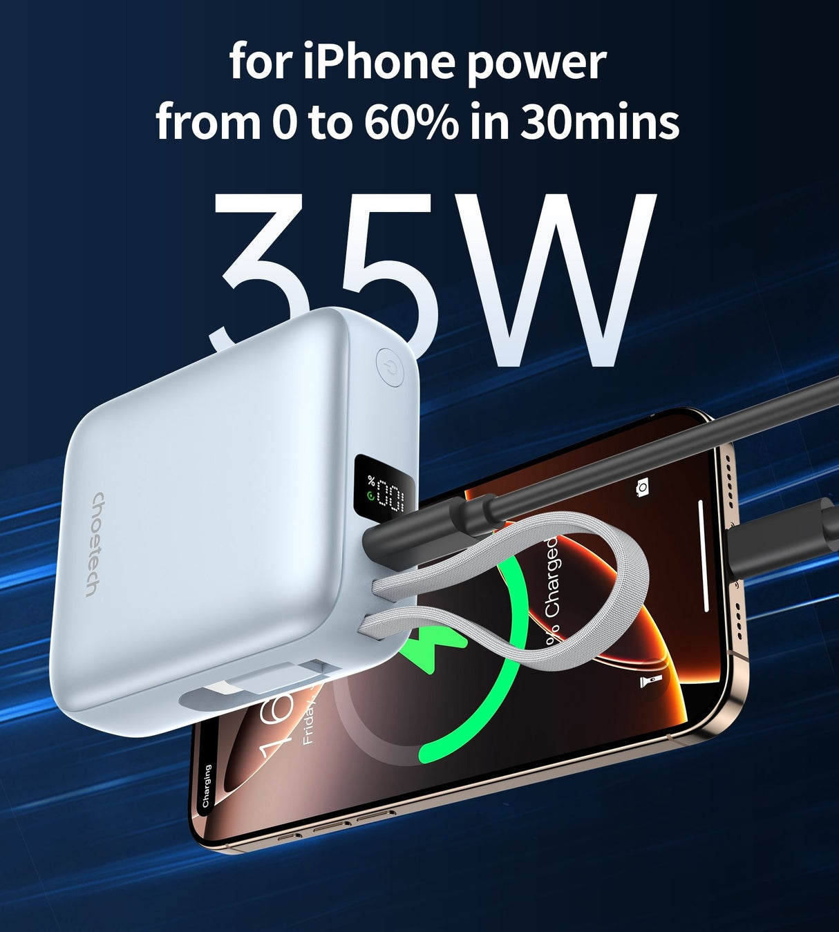 CHOETECH B832-BL Mini 35W 10,000mAh Power Bank with LED Display + USB-C Cable Light Blue