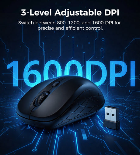 Black adjustable dpi wireless mouse, lightweight.