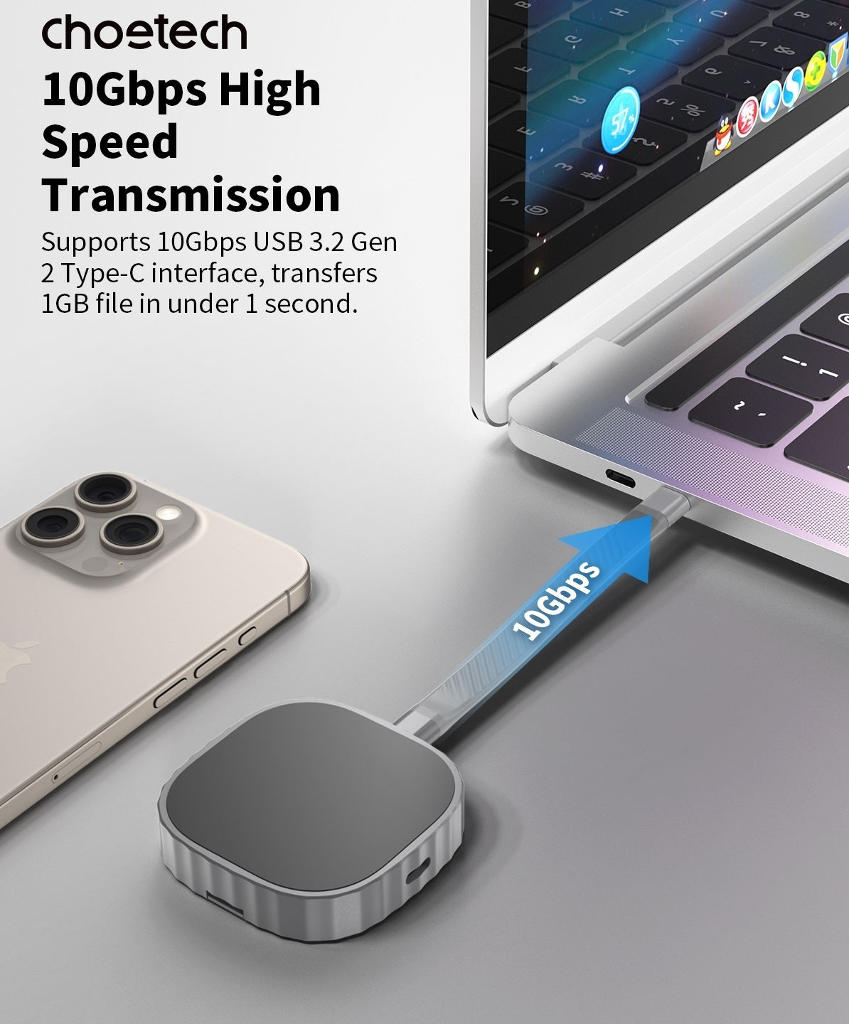 CHOETECH MSE001-GY Dual USB-C Port M.2 NVME 2230 Protocol SSD Enclosure with PD100W input Enclosure (Support 2TB Max)