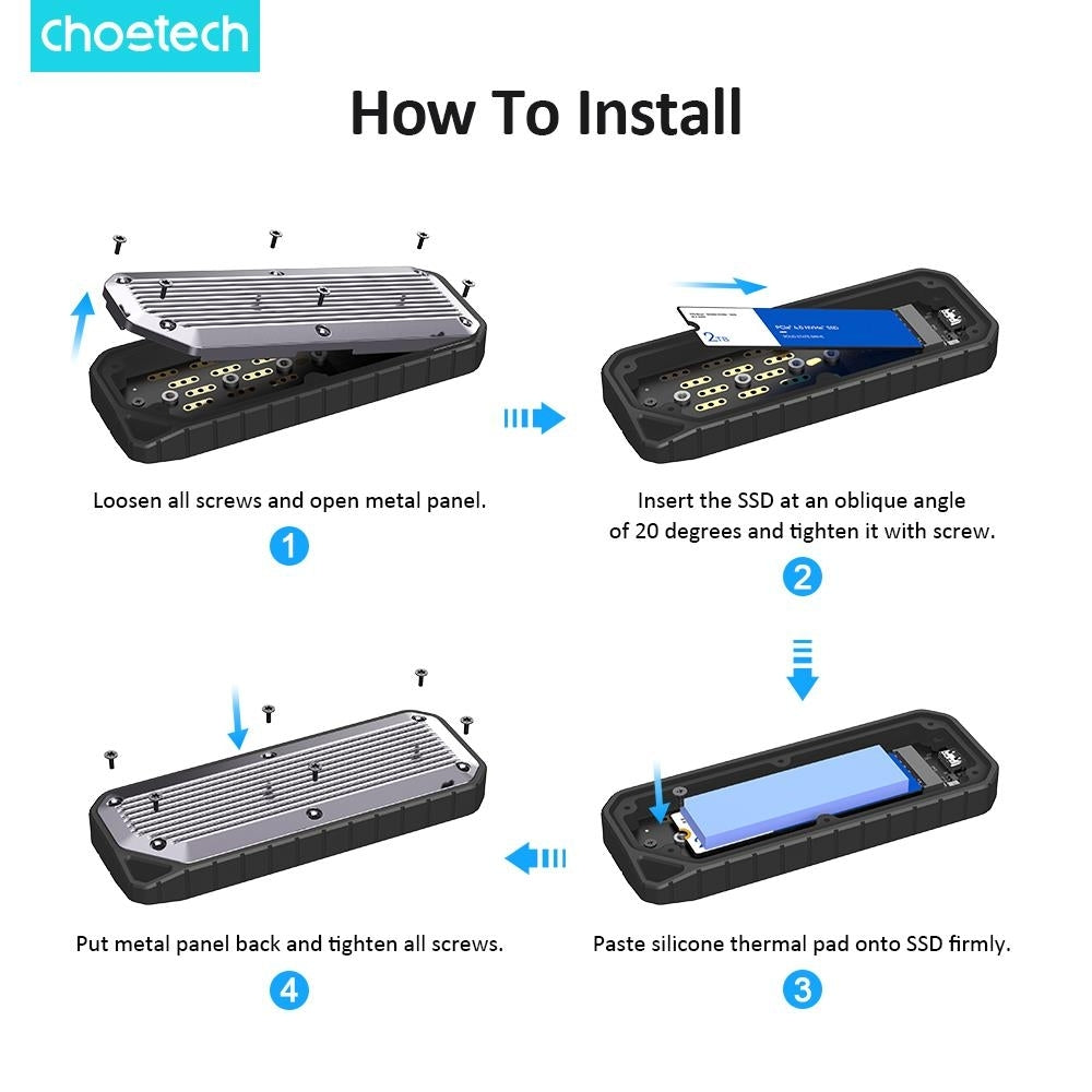 CHOETECH MSE004-GY USB3.2 Chips M.2 NVME / SATA SSD Protocol 10Gbps Transfer Speed Enclosure with IP65 water-Proof and Dust -Proof (Support 8TB Max)