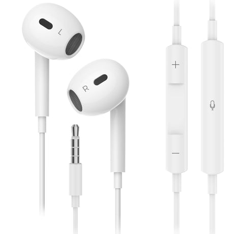White in ear headphones, 3.5mm, lightweight.