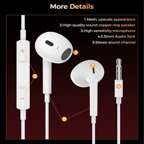 White in ear headphones, 3.5mm, lightweight.