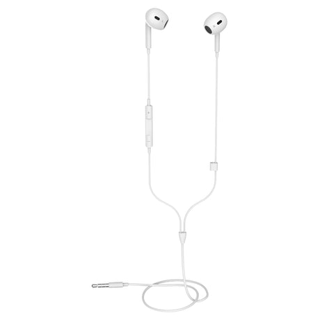 White in ear headphones, 3.5mm, lightweight.