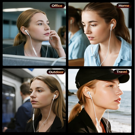 White in ear headphones, 3.5mm, lightweight.