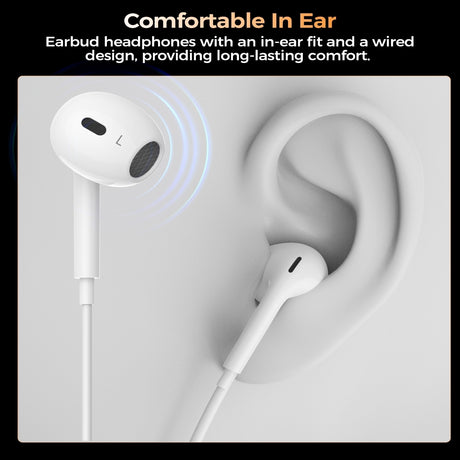 White in ear headphones, 3.5mm, lightweight.